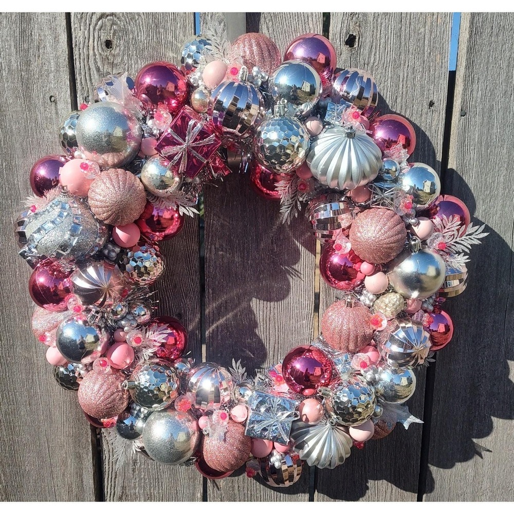 Christmas Ornament Wreath Pink Silver OOAK Handmade 23" Upcycled Holiday Decor